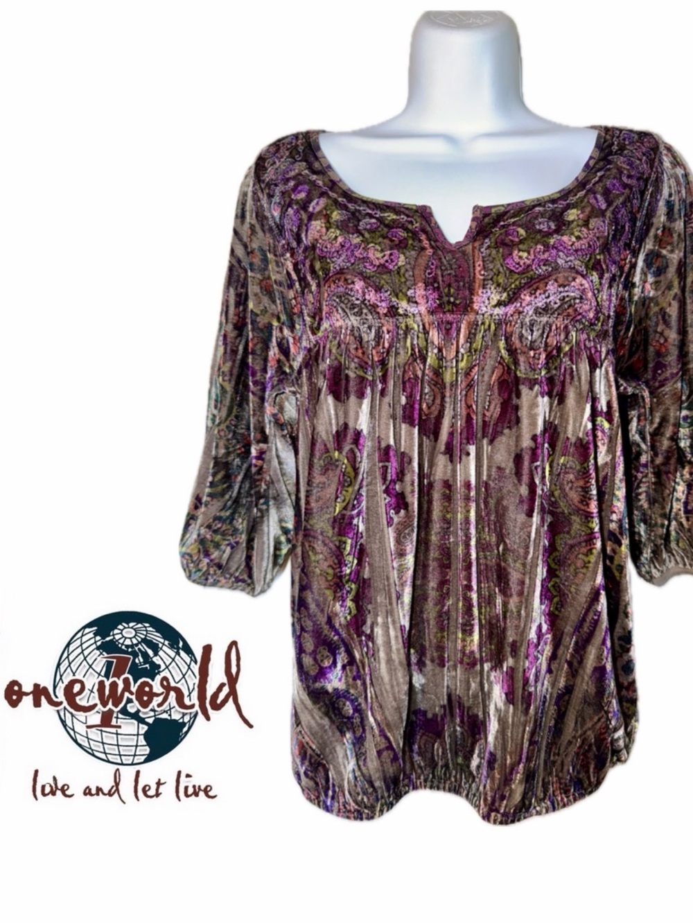 Vintage Y2K One World Live and Let Live Velvet Boho Hippie Peasant Top 70s S